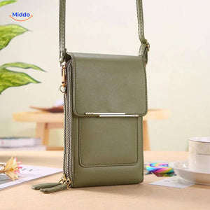 Green TouchScreenGo compact shoulder bag with sustainable touchscreen tech.
