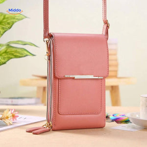 Pink TouchScreenGo shoulder bag combining compact design and durability.