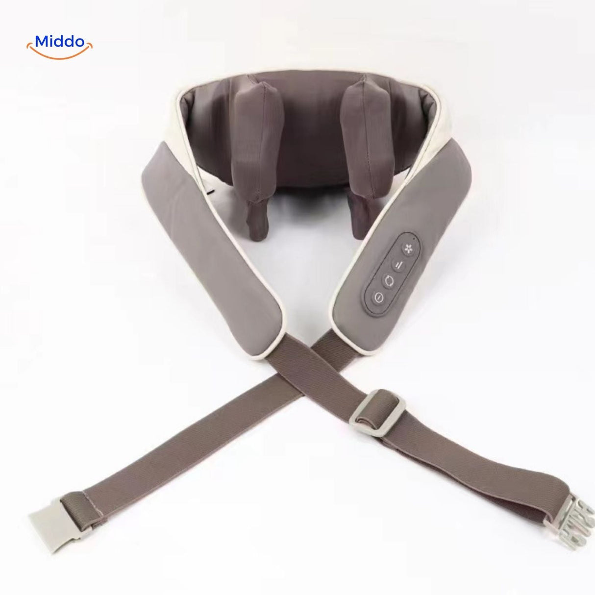 RelaxPro neck and shoulder massager in gray with brown adjustable straps.