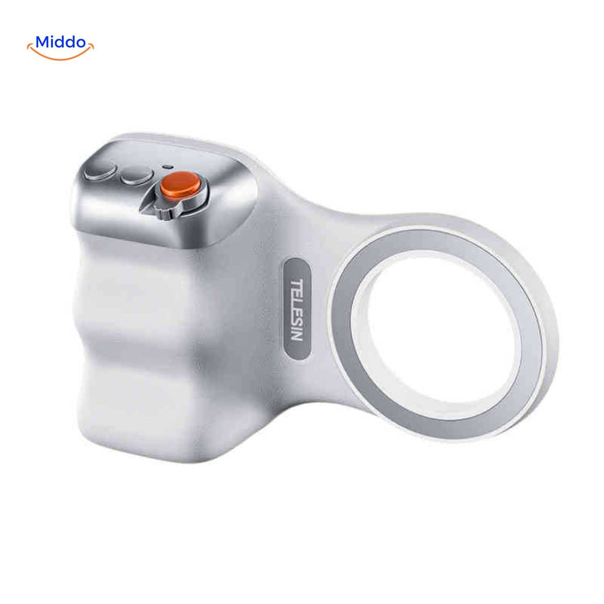 Tactile button grip with magnetic ring for secure attachment.