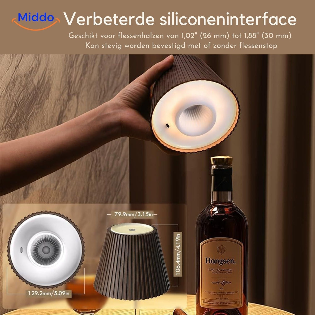 LED lamp with soft silicone interface grip for secure bottle attachment.