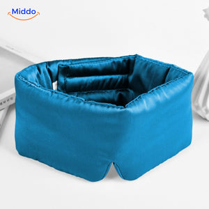 Blue mulberry silk sleep mask featuring reversible satin construction for luxury sleep.