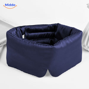 Navy mulberry silk sleep mask featuring breathable reversible construction and elastic strap.