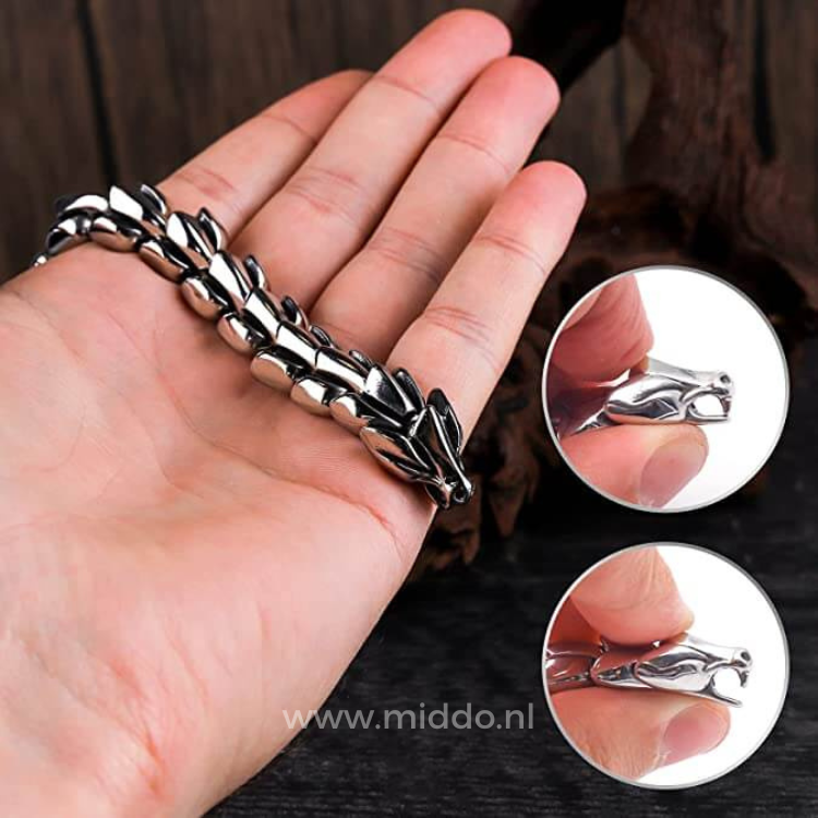Silver dragon bracelet styled in a lifestyle setting, worn casually on the wrist.
