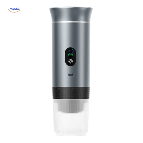 Silver espresso machine with advanced LED technology and display.