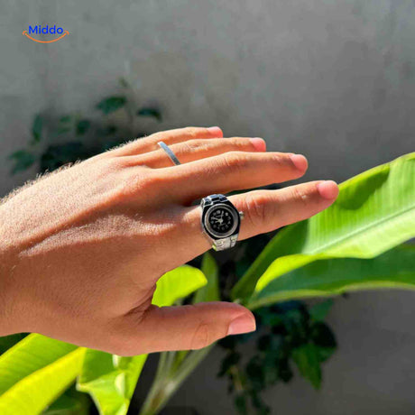 Silver mens ring watch displayed as lifestyle accessory on hand.