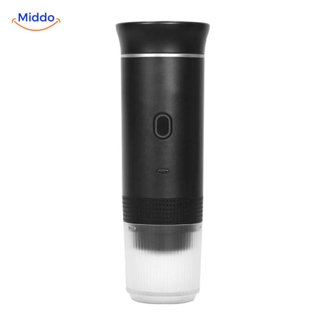 Silver portable espresso machine sleek design and premium finish.