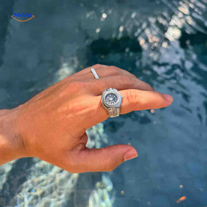 Silver mens ring watch with quartz movement and sophisticated style.