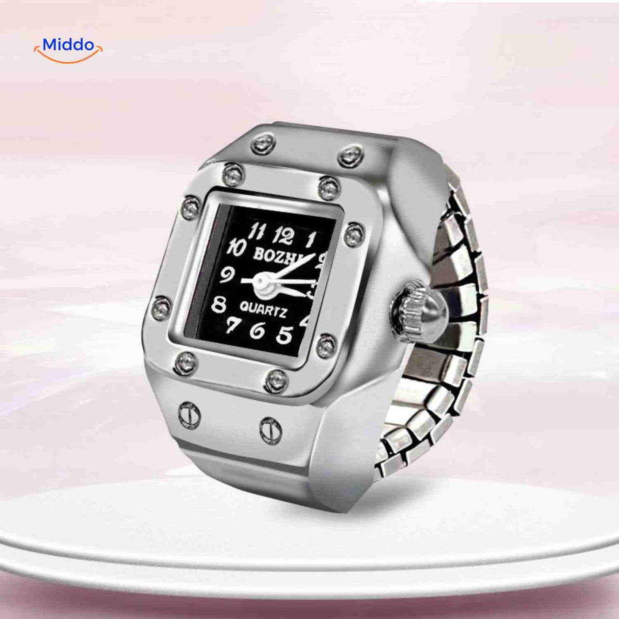 Silver quartz ring watch in unisex style with universal appeal.