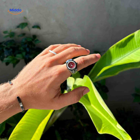 Silver red trendy ring watch for mens with contemporary styling.