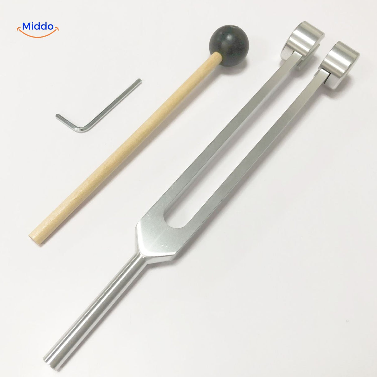 Silver tuning fork with round head, 21.5cm healing frequency tool.