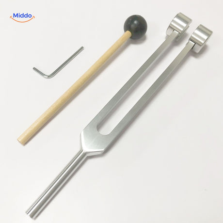 Silver tuning fork with round head, 21.5cm healing frequency tool.