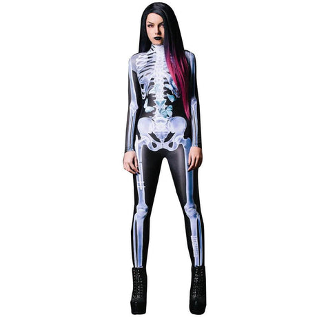 Eerie 3D skeleton bodysuit with spine and ribcage printing for authentic Halloween look.
