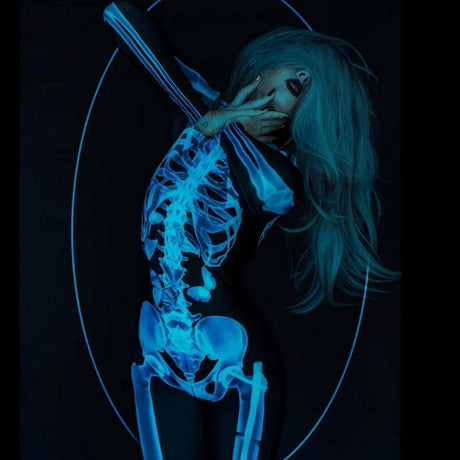 3D skeleton bodysuit costume with flattering fit and dramatic bone artwork throughout.
