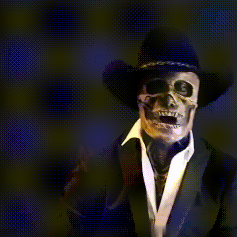 Realistic skeleton mask costume with complete black outfit and gloves.