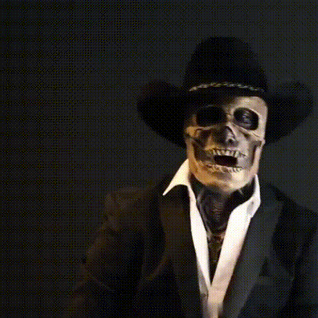 Realistic skeleton mask costume with complete black outfit and gloves.