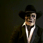 Realistic skeleton mask costume with complete black outfit and gloves.