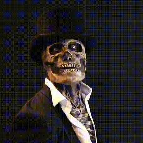 Skeleton costume with removable mask and formal top hat accessory.