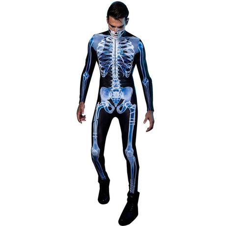 Complete 3D skeleton costume outfit perfect for eerie Halloween party appearances.