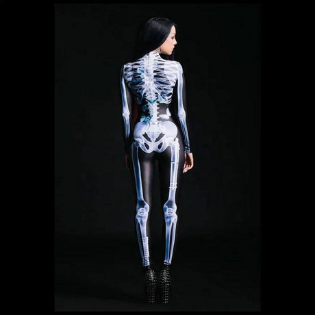 Skeleton bodysuit back view showing spine and bone detail across rear panels.