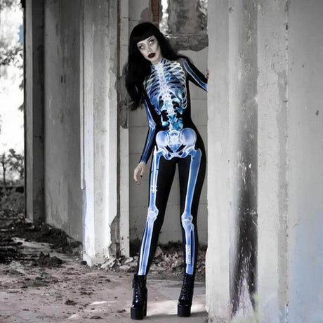 Skeleton bodysuit front view showing full 3D bone print and realistic chest cavity design.