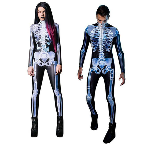 Skeleton bodysuit worn as couple in lifestyle shot, showing unisex fit for all.