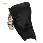Scary skull mask with black hood and grim appearance.