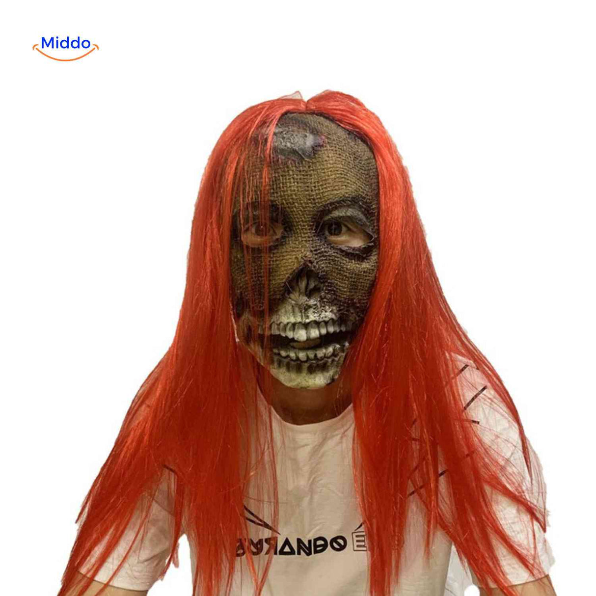 Green skull mask with red long hair and scary menacing expression.