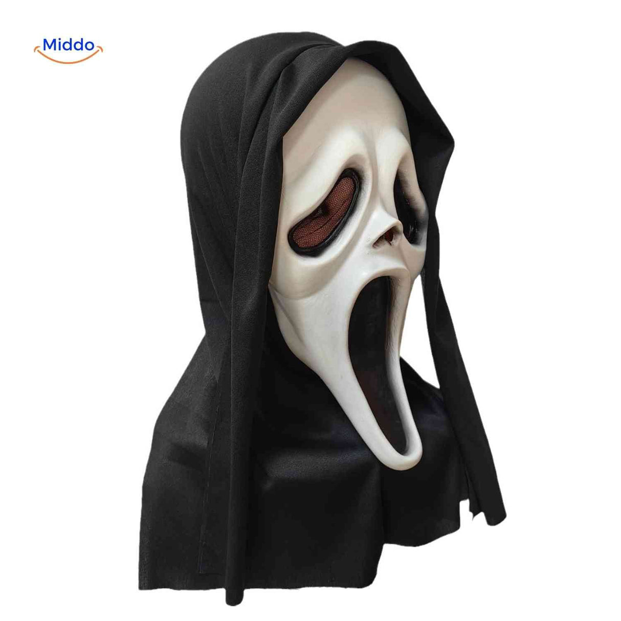 Side profile of scary skull mask showing detailed features.