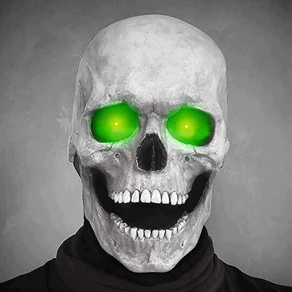 White skull mask with glowing green eyes for custom Halloween costume.