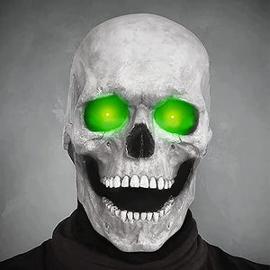 White skull mask with glowing green eyes for custom Halloween costume.