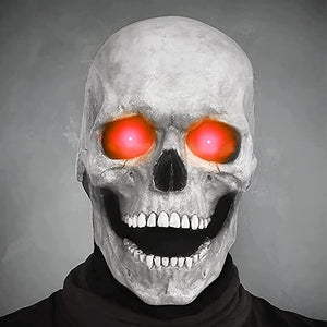 White skull mask with glowing red eyes for spooky Halloween effect.