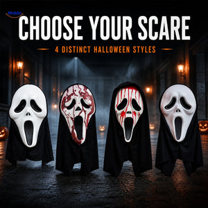 Skullora four screaming-face Halloween mask styles in a cinematic horror setting