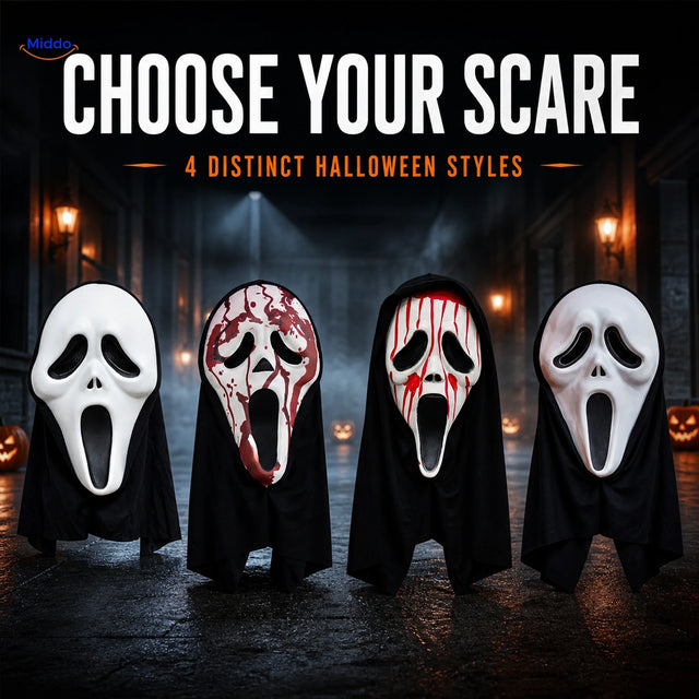 Skullora four screaming-face Halloween mask styles in a cinematic horror setting