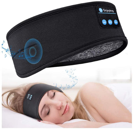 Black wireless sleep headband with integrated bluetooth for seamless connectivity.
