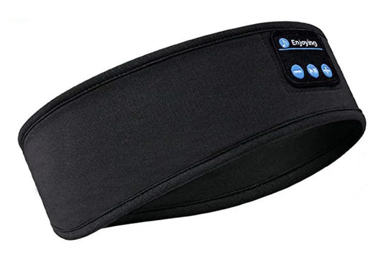 Black sleep mask showing product details and wireless headphone design.