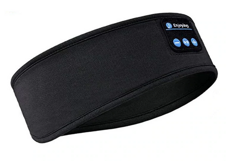 Black sleep mask showing product details and wireless headphone design.