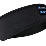 Black sleep mask showing product details and wireless headphone design.