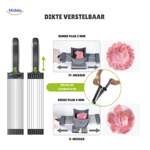 Slicora dual-blade system: 4mm for fine slices, 2mm for finely minced meat.