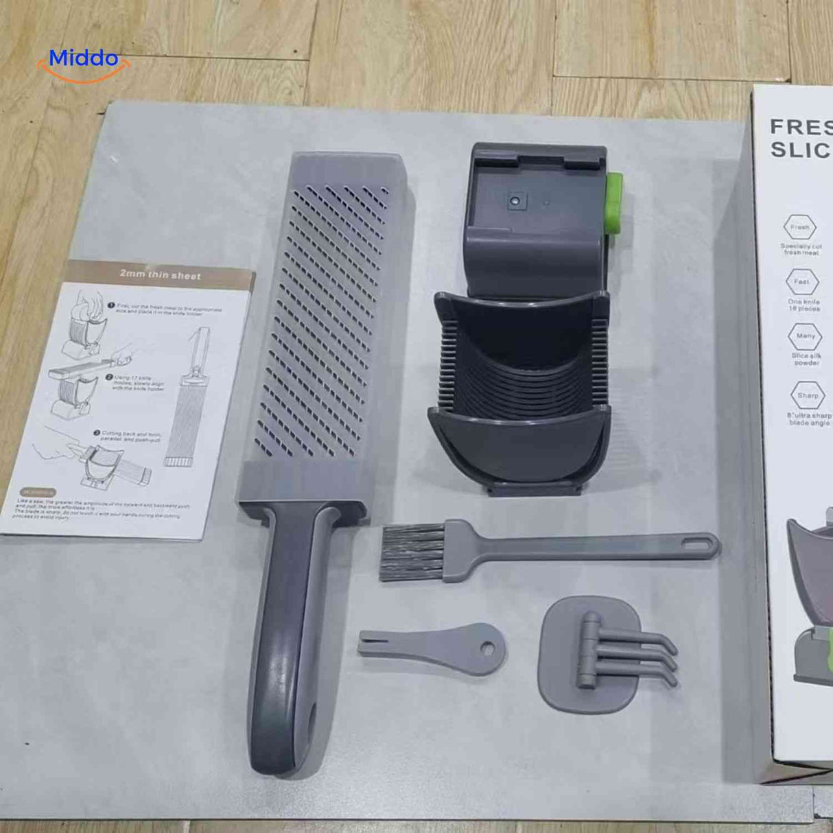 Slicora full meat slicer set in gray with complete accessories for any cutting task.