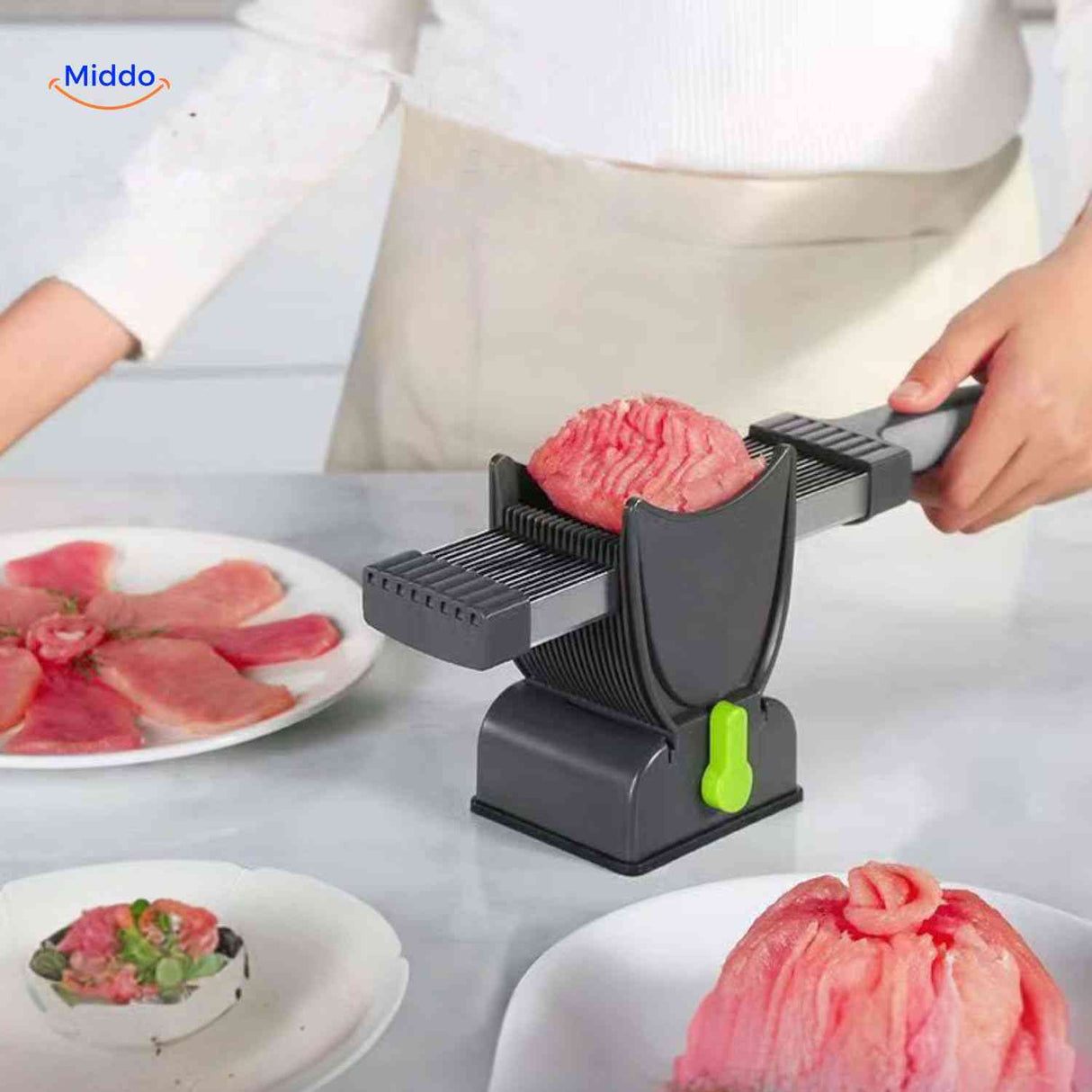 Slicora slicer creates decorative rosette patterns and professional meat presentation cuts.