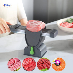 Slicora meat slicing set with adjustable 2mm to 4mm thickness settings for manual cutting.