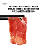 Slicora ultra-fine blade work achieves transparent paper-thin meat slices for gourmet presentations.