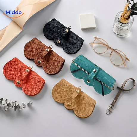 Leather glasses case close-up highlighting sleek design and protective craftsmanship.