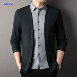 Side view of slim fit 2-in-1 knit shirt showing silhouette.