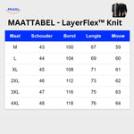 Size chart for men's slim fit 2-in-1 knit shirt measurements.