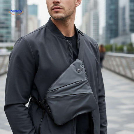 Anthracite Stratos sling bag in city fashion look.