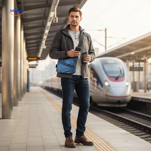 Blue sling bag worn by traveler at transit station.