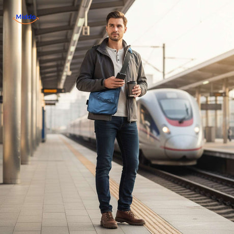Blue sling bag worn by traveler at transit station.