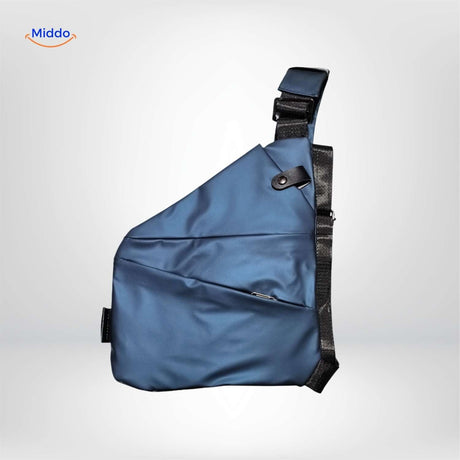 Dark blue Stratos sling bag showing side profile.
